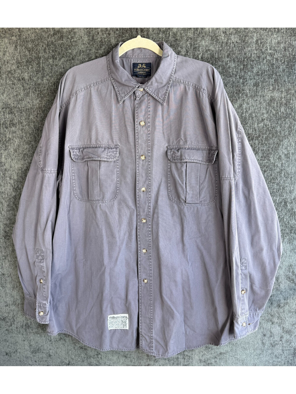 Vintage Willis Geiger Mens XL Gray Cotton Safari Field Pocket Shirt Long Sleeve